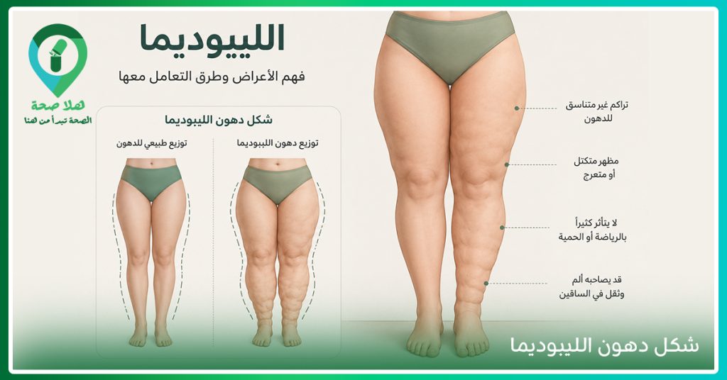 تظهر الليبيديما غالبًا في الساقين وقد تؤثر أيضًا في الفخذين، ويعتمد علاج الليبيديما على تقييم الحالة واختيار الخطة المناسبة لكل مريضة
