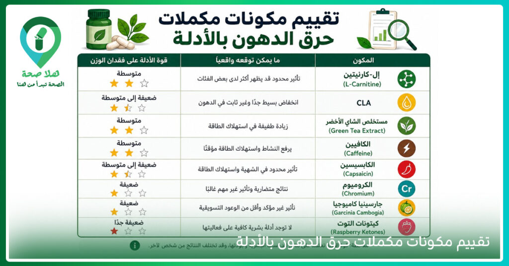 يوضح الإنفوجراف عدد السعرات المطلوبة لحرق كيلو واحد من الدهون بطريقة واقعية بعيدًا عن الوعود السريعة - يشرح الدليل كيفية انقاص الدهون من الجسم عبر عجز السعرات والنشاط البدني المنتظم - تعرض الصورة حقيقة ادعاء وجود فواكه تحرق الدهون المتراكمة ودور الفاكهة الفعلي ضمن النظام الغذائي - يوضح التصميم فوائد الماء لحرق الدهون ودوره في الترطيب ودعم الالتزام بالنظام الغذائي - مقارنة توضح حقيقة استخدام فيتامين د لحرق الدهون ومدى ارتباط فائدته بوجود نقص في الجسم